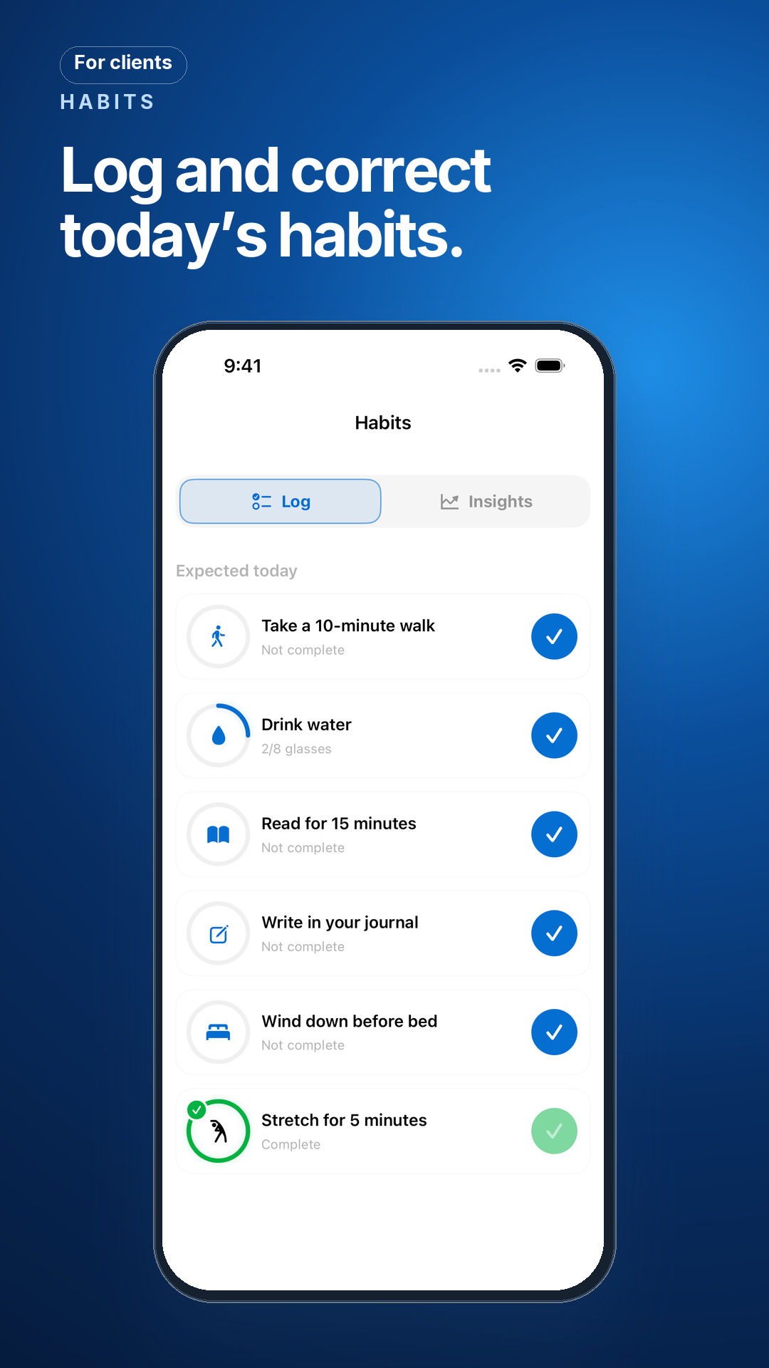 Log a habit in a couple of taps · For clients