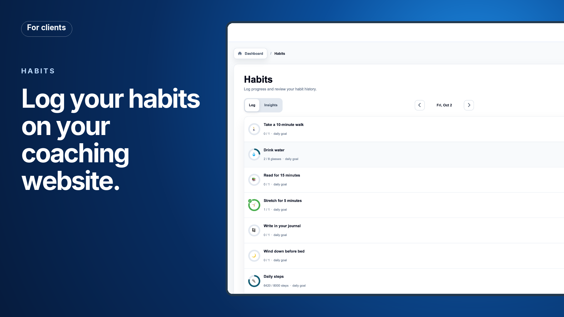 Log and review habits on the website · For clients